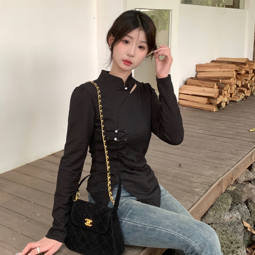 Real shot of high-end new Chinese style national style long-sleeved T-shirt for women in spring and autumn design retro slim inner top