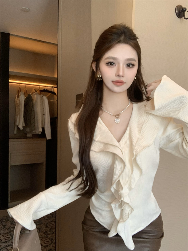 秋冬女新款流行氣質修身顯瘦V領長袖襯衫荷葉邊上衣實拍