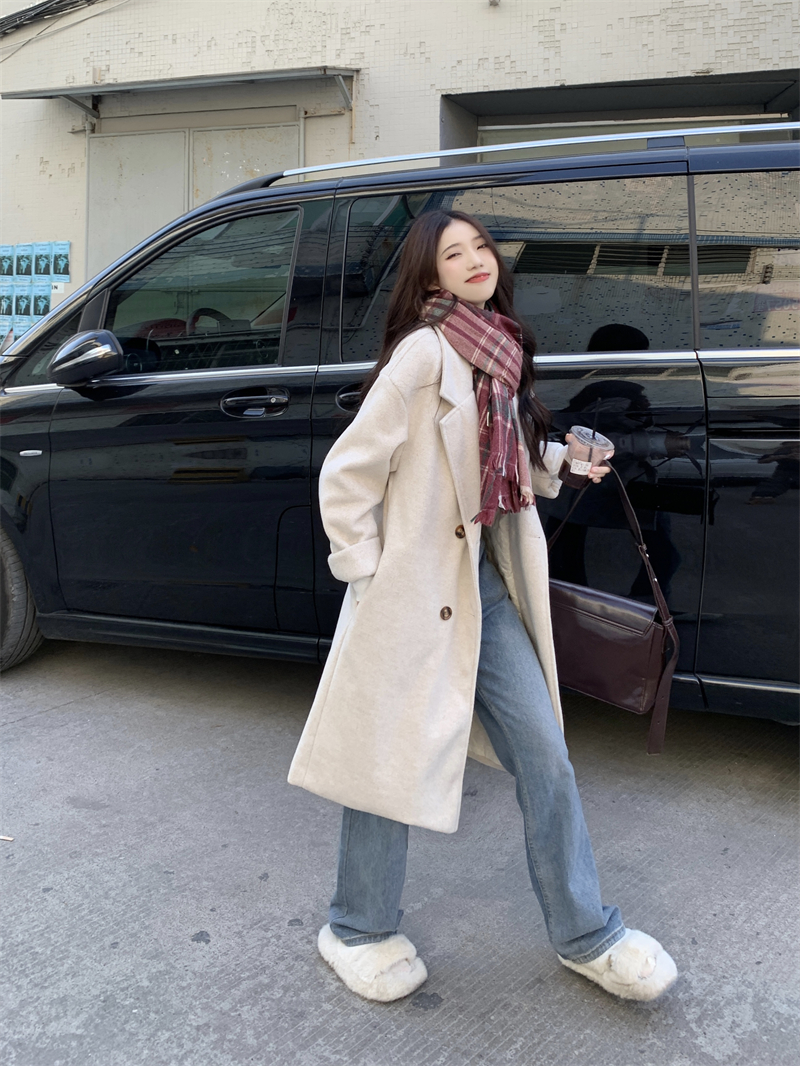 Actual shot ~ Cotton and thickened loose cashmere coat for small people, women's mid-length Hepburn style woolen coat