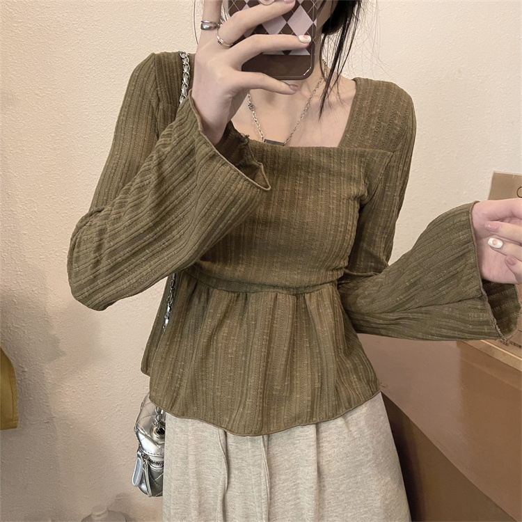 Real shot French square neck bell sleeve top for women autumn slimming waist irregular long-sleeved T-shirt
