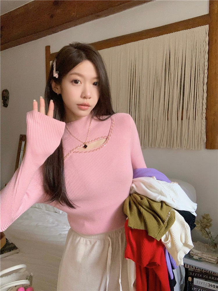 實拍~半高領長袖鏤空毛衣女新款秋冬修身百搭顯瘦打底衫上衣