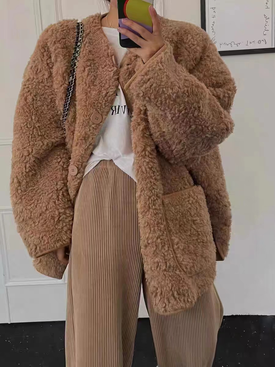 Korean chic autumn and winter temperament single-breasted large pocket loose and versatile lamb wool one-piece long-sleeved coat for women