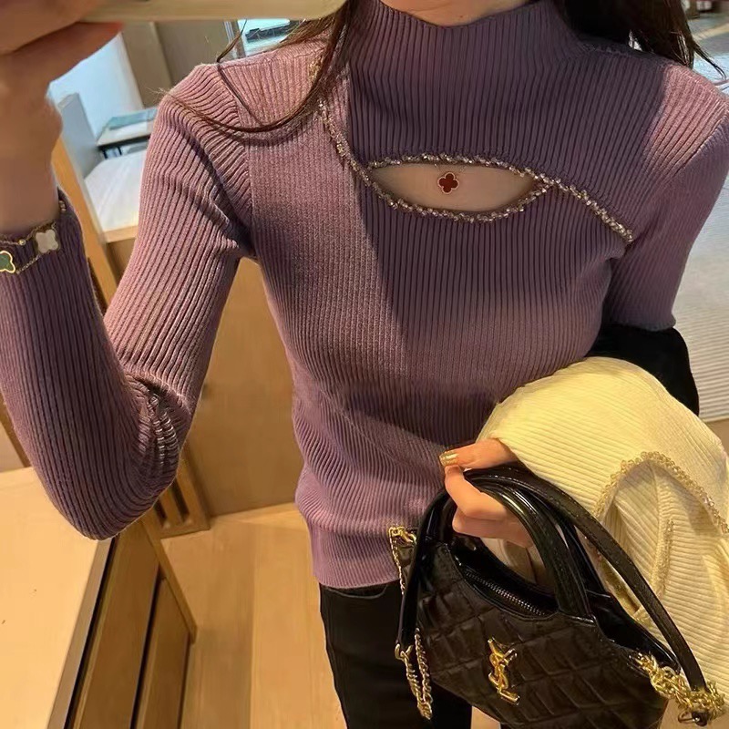 歐貨高級感半高領打底毛衣女春秋新款百搭顯瘦釘珠鏤空內搭針織衫