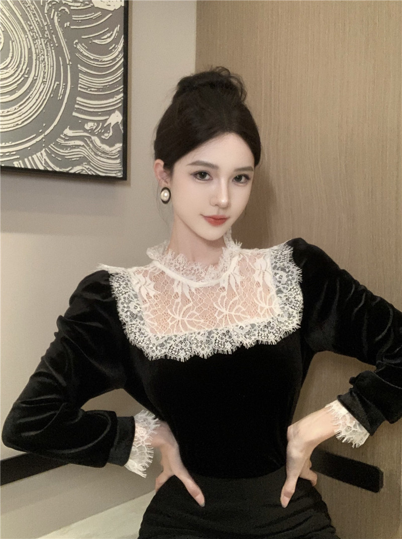 實拍法式高級感時尚減齡黑色長袖t恤修身顯瘦絲絨打底衫襯衣