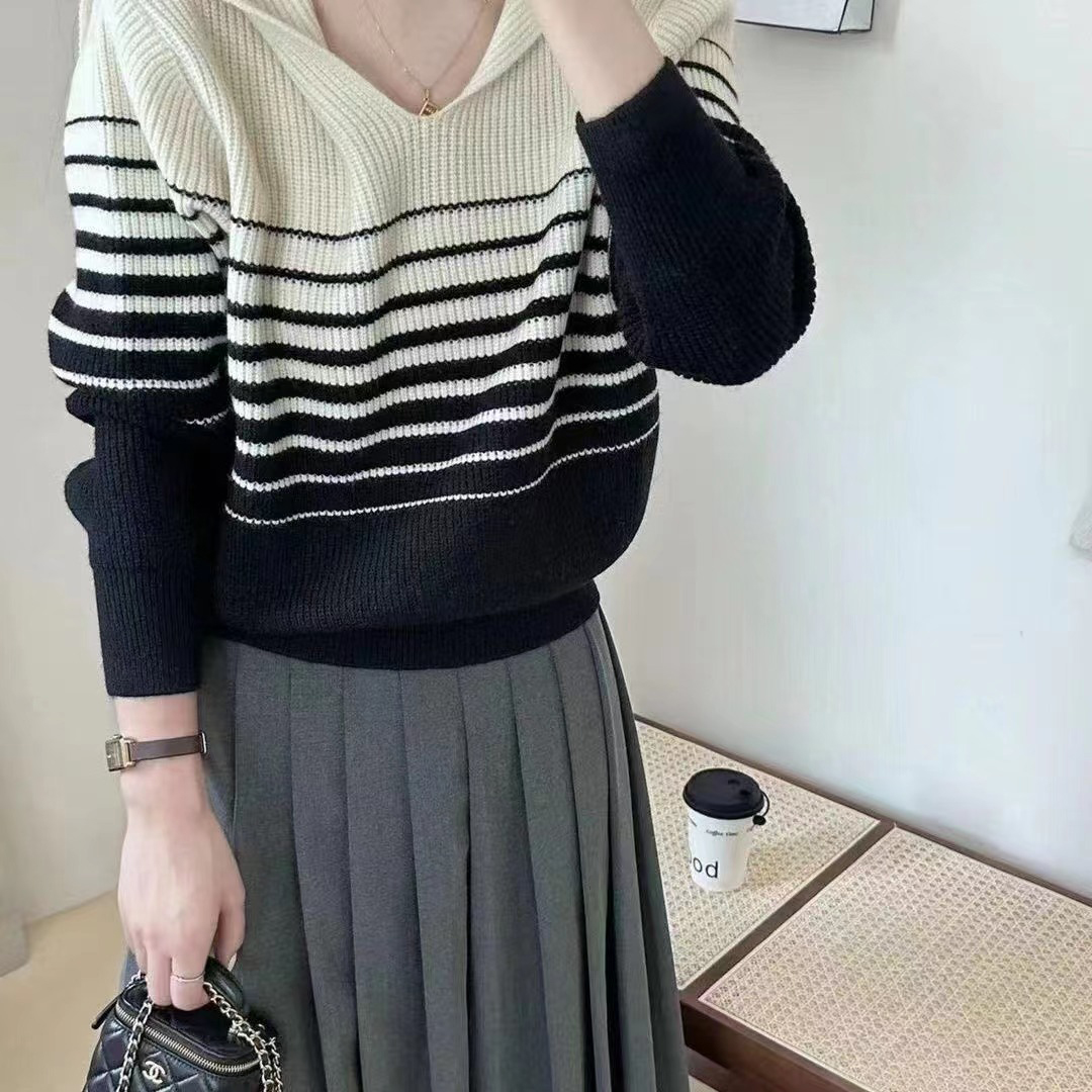 秋冬新款小香風漸變撞色名媛復古套頭寬鬆翻領百搭針織毛衣女