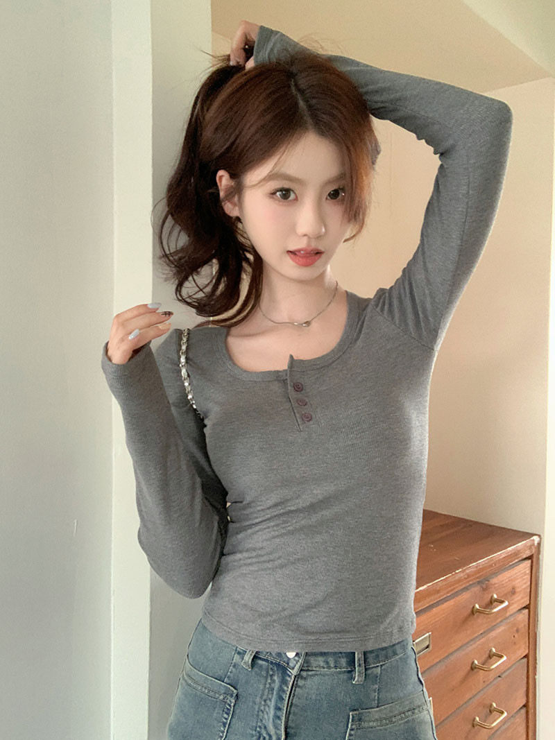 Actual shot of autumn and winter Korean style versatile plus thin velvet long-sleeved T-shirt with button square collar slim fit top
