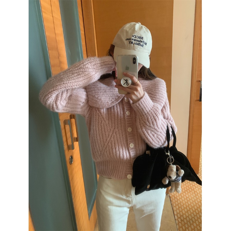 小香風娃娃領軟糯毛衣外套女秋冬2023新款寬鬆大翻領針織上衣長袖
