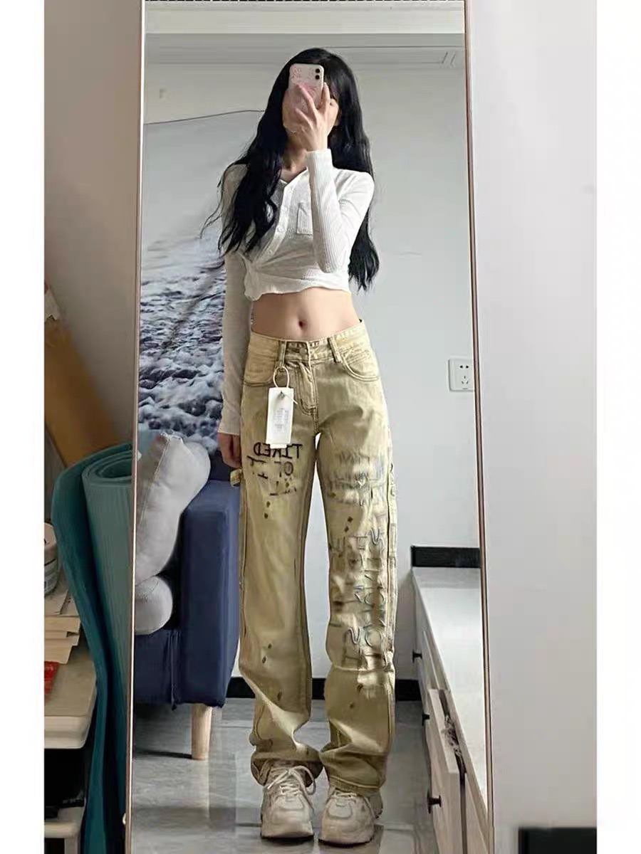 美式vibe風褲子高街卡其色潑墨刺繡牛仔褲男歐美hiphop工裝直筒褲