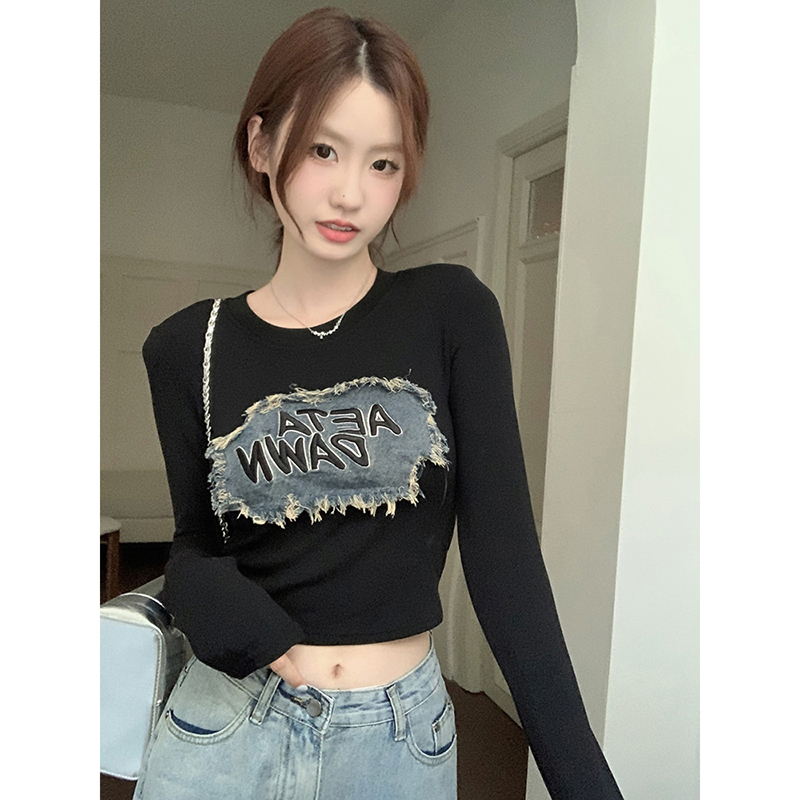 260克人棉，原版牛仔貼布 美式牛仔貼布修身顯瘦短款設計感上衣