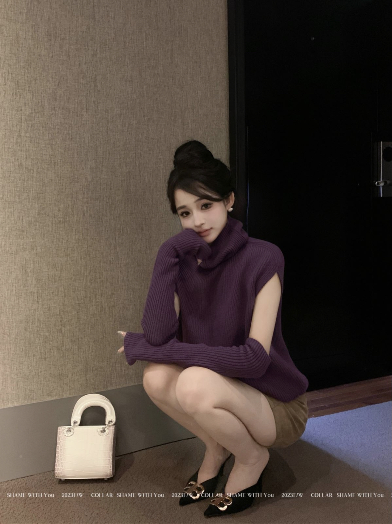 實拍紫色高領毛衣女秋冬設計感小眾內搭針織衫寬鬆顯瘦上衣
