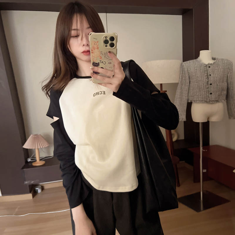 Original workmanship design hollow contrasting raglan sleeves casual loose long-sleeved T-shirt tops for women 2023 autumn