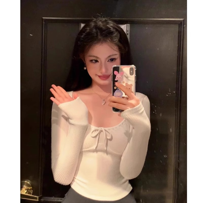 Ribbed pit corduroy 260g base layer top slim sweet girl lace-up low collar long-sleeved T-shirt