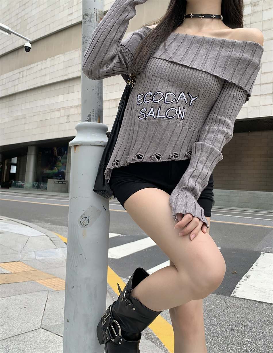 針織 美式復古不規則露肩短款打底衫女上衣設計感別致長袖