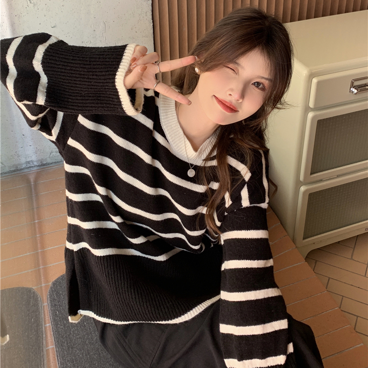 天貓品質慵懶風套頭毛衣女裝秋冬季寬鬆設計感小眾條紋針織衫