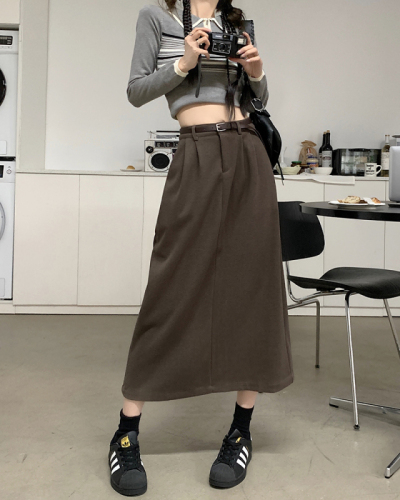 Actual shot of retro woolen skirt for women, high-waisted, slim, loose, mid-length, A-line skirt, free belt