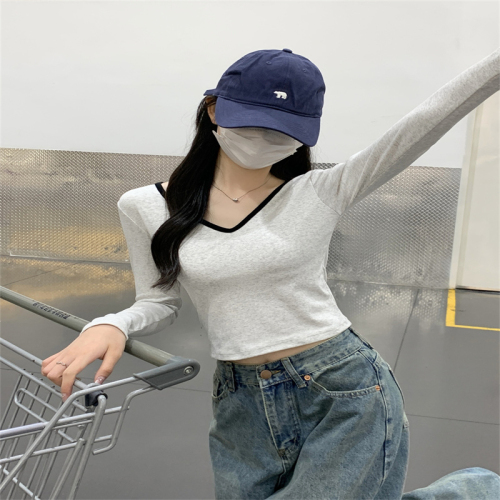 High-waisted navel-baring short slim fit V-neck contrasting color long-sleeved T-shirt for women Korean style basic design bottoming top with breast pads