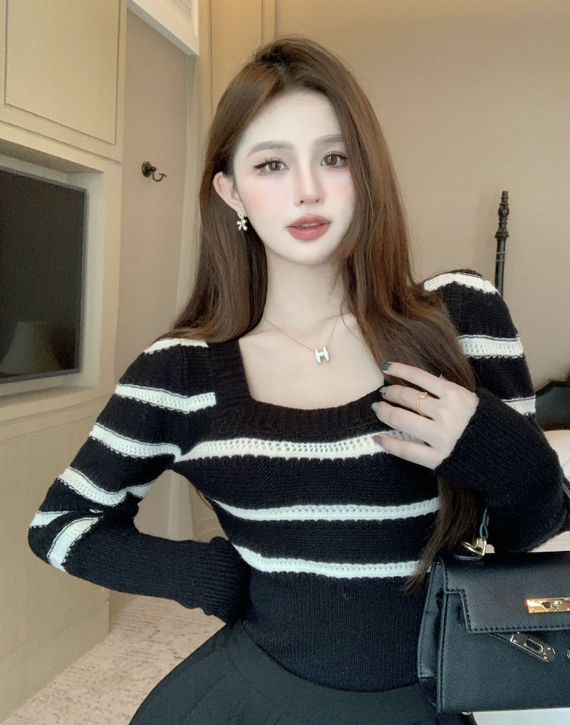 實拍 法式方領針織衫2023秋冬女條紋別致泡泡袖溫柔韓范杏色毛衣