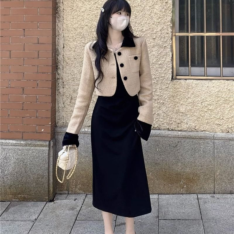 新款小香風氣質修身設計感粗花呢外套吊帶連衣裙兩件套女