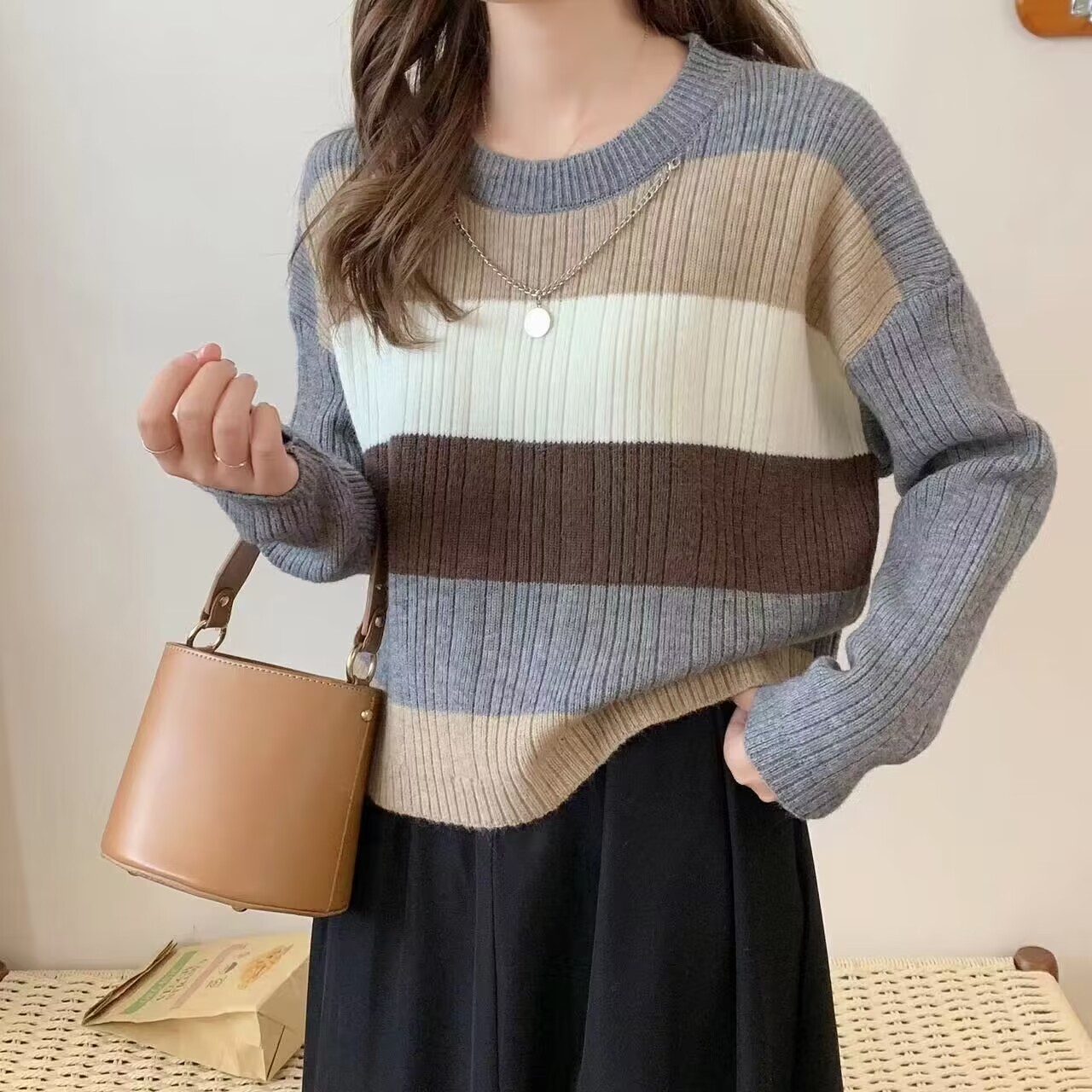 復古慵懶風毛衣女2023秋冬季新款條紋撞色圓領套頭法式針織上衣