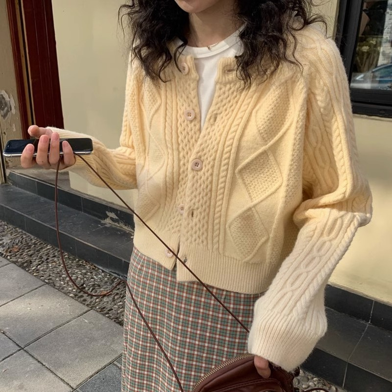 麻花毛衣女寬鬆外穿春秋季韓版慵懶百搭針織開衫短款外套上衣加厚