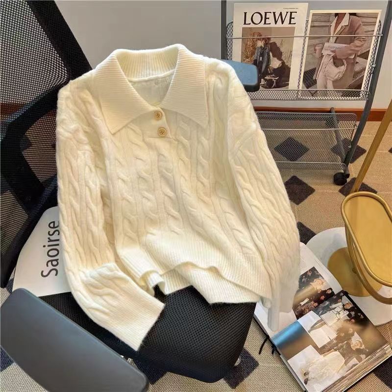 Xiaoxiangfeng short twist sweater for women 2023 early autumn Korean style polo collar sweater warm and soft waxy pink top