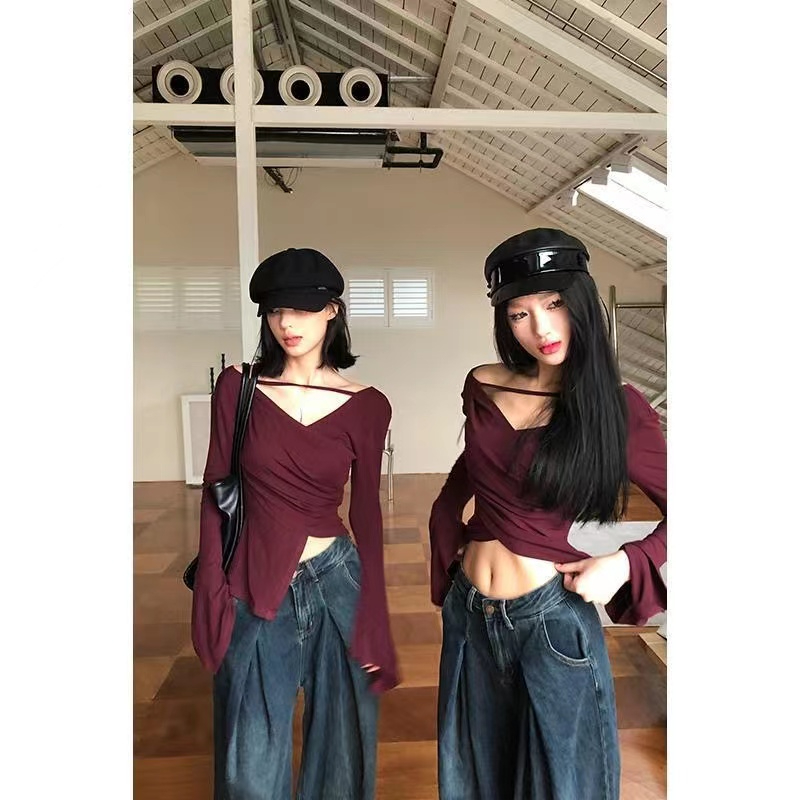 Pure desire lazy style V-neck long-sleeved T-shirt top for women 2023 early autumn niche chic waist slimming slit bottoming shirt