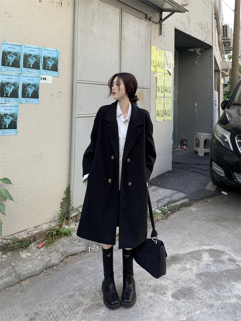 Actual shot~Loose cashmere coat for small women, mid-length Hepburn style cotton and thick woolen coat