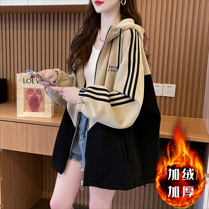 首發仿華棉復貝貝絨2023冬季加絨加厚連帽外套寬鬆衛衣女