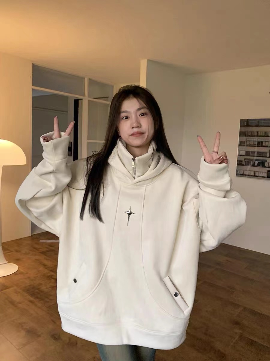 橘子樹在哪兒重磅麂皮絨連帽衛衣男女同款秋冬設計感寬鬆立領外套