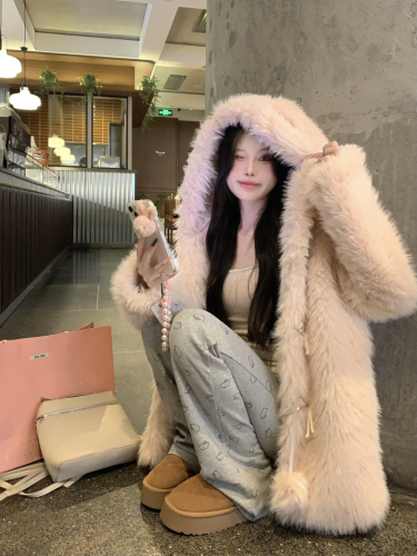 Real shot of Cute Rabbit Planet eco-friendly fur rabbit ears plush hooded coat for women imitation fox fur coat winter