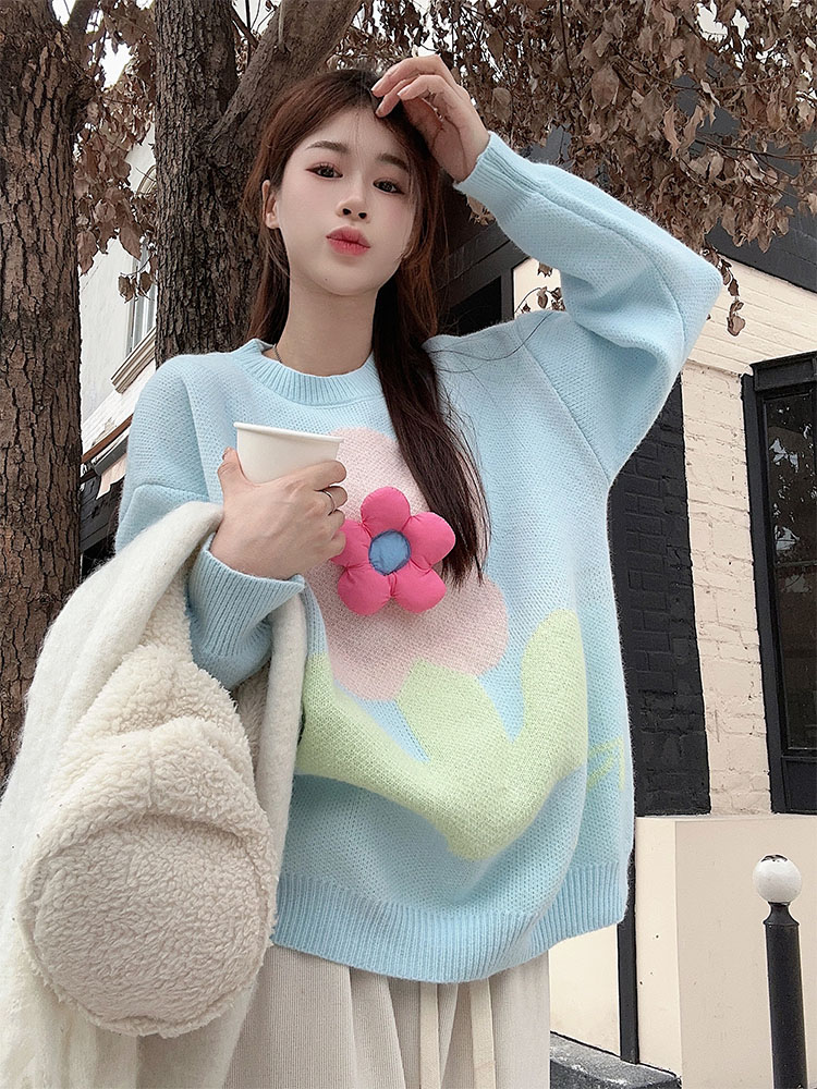 實拍 韓系奶甜減齡少女立體花朵設計感針織套頭毛衣