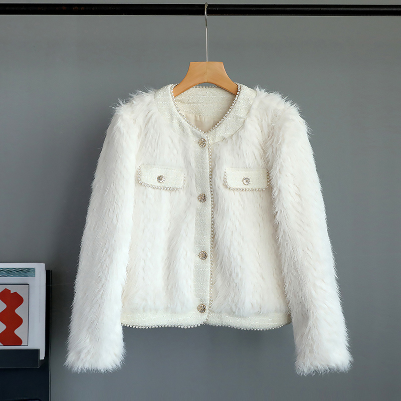 Quality Inspection Official Photo White Furry Jacket Women's Short 2023 Autumn and Winter Style Lady Pearl Long Sleeve Fur Top