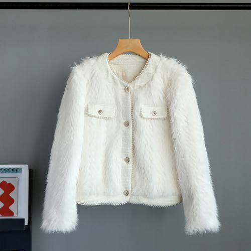 Quality Inspection Official Photo White Furry Jacket Women's Short  Autumn and Winter Style Lady Pearl Long Sleeve Fur Top