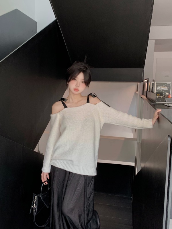 實拍~簡約輕奢風綁帶露肩長袖針織衫高級質感茶系針織上衣女