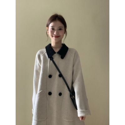 Retro contrasting color lapel mid-length woolen coat for women small Korean style loose slim versatile woolen coat for women