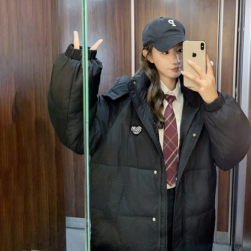 奶呼呼愛心韓系2023新款羽絨棉服中長款寬鬆時尚麵包服棉衣外