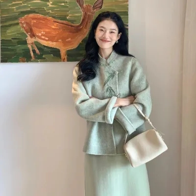 〈探竹 〉新中式雙面羊絨大衣短款外套女羊毛呢子兩件套裝裙秋