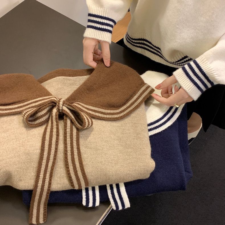軟奶毛衣女慵懶風秋冬新款日系寬鬆撞色甜美海軍領針織衫小眾上衣
