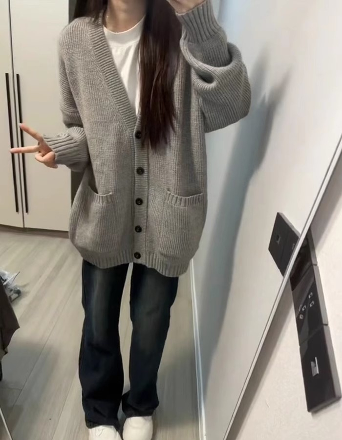 灰色毛衣外套女秋冬季新款韓系寬鬆復古學院慵懶風中長款針織開衫