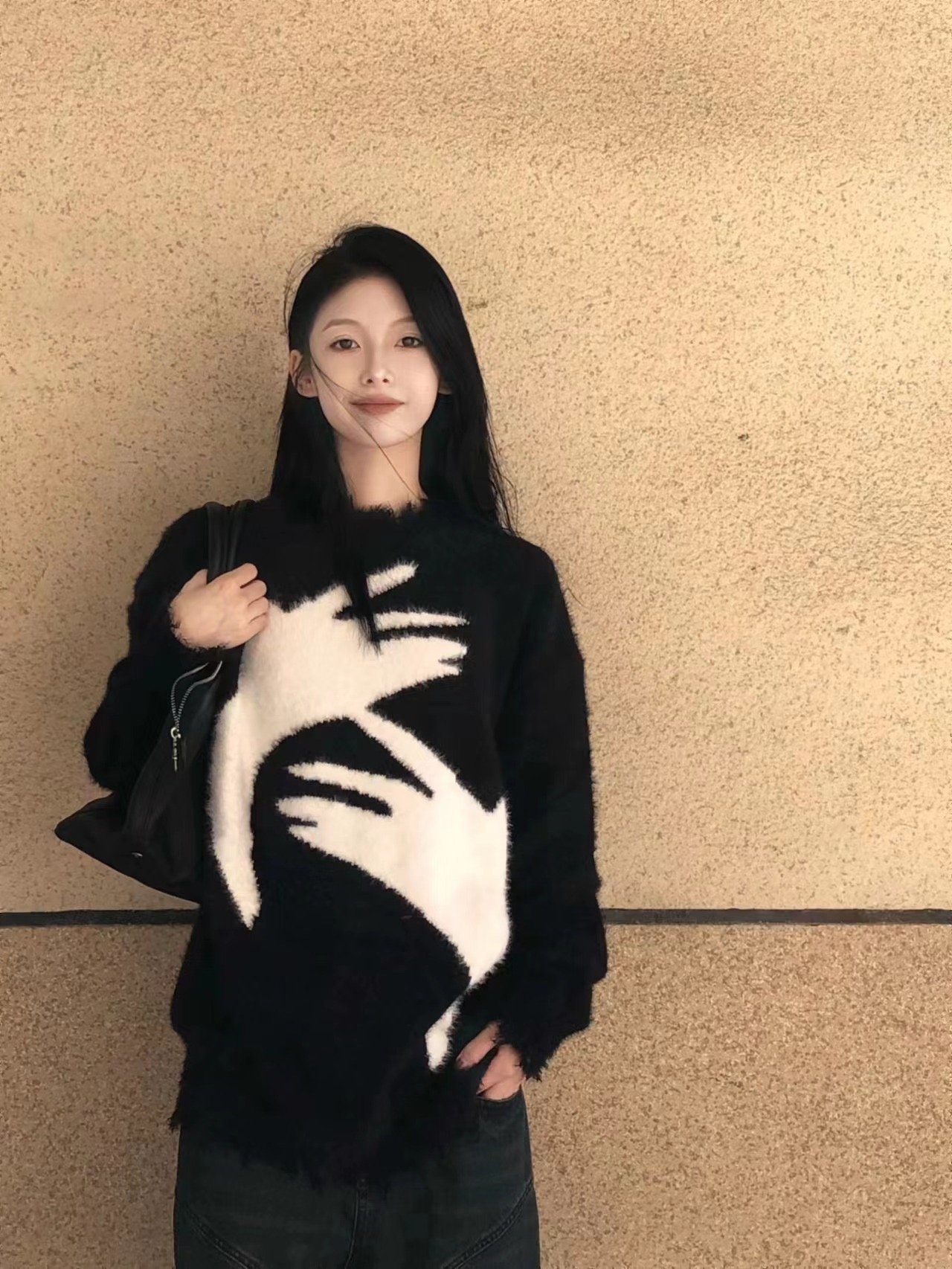 國潮美式抽象圓領破洞毛衣男女秋冬季慵懶風情侶裝針織衫上衣