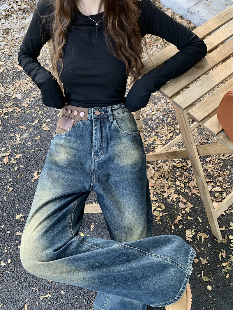 實拍 秋季新款高腰寬鬆顯瘦闊腿長牛仔褲女
