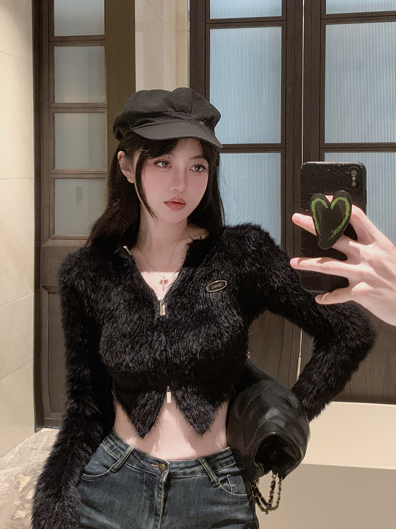實拍 修身顯瘦雙拉鏈辣妹仿水貂絨慵懶風短款毛衣開衫外套女