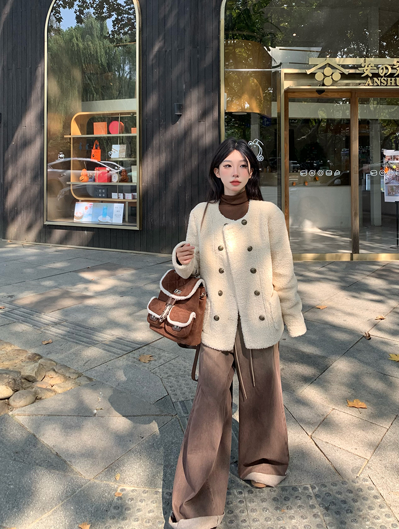實拍 杏色雙排扣羊羔毛外套2023冬季寬鬆顯瘦圓領毛絨上衣