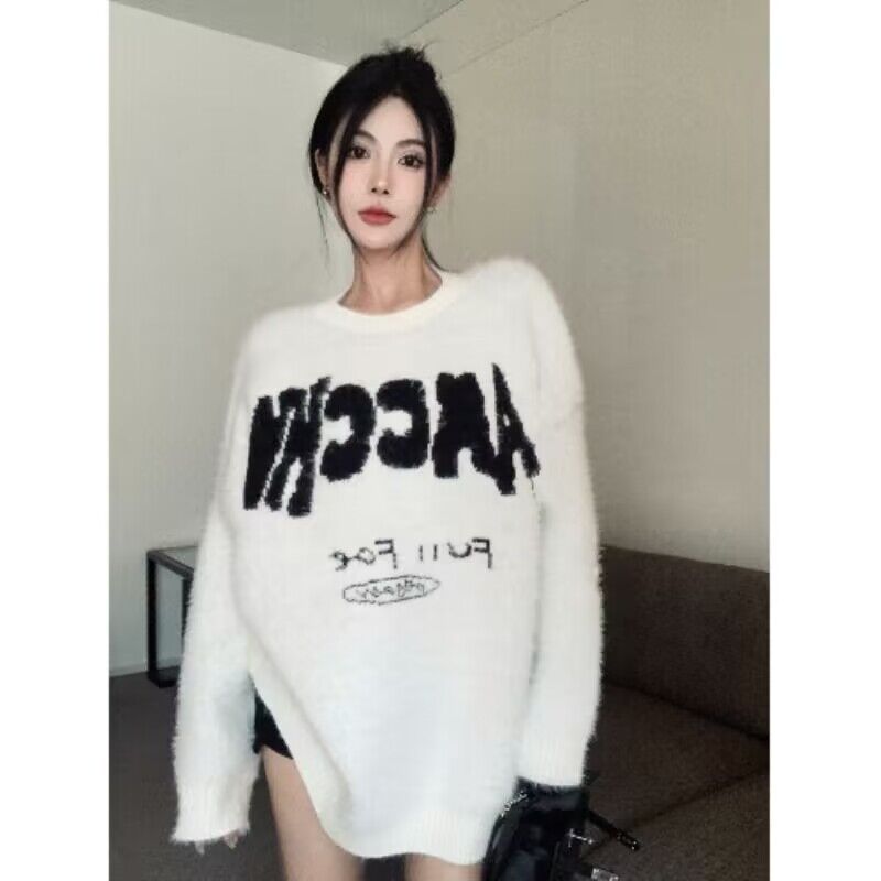 慵懶風黑色浣熊絨毛衣女秋冬奶fufu寬鬆套頭中長款針織衫上衣外穿