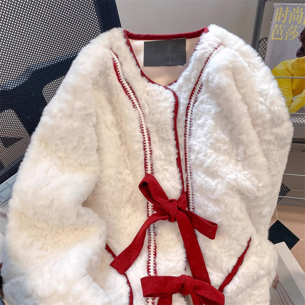 550g rabbit fur composite arctic velvet small fragrant bow-knot cotton coat for women thickened lamb wool cotton coat trendy