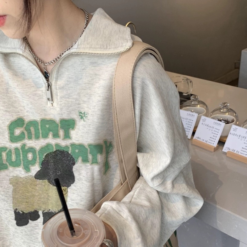380g食毛華棉長袖衛衣女美式復古拉鏈秋冬寬鬆大碼中長款韓版上衣