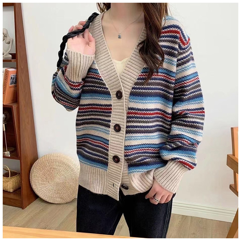 2023 new autumn clothing Korean style versatile loose V-neck colorful striped sweater cardigan sweater jacket tops for women