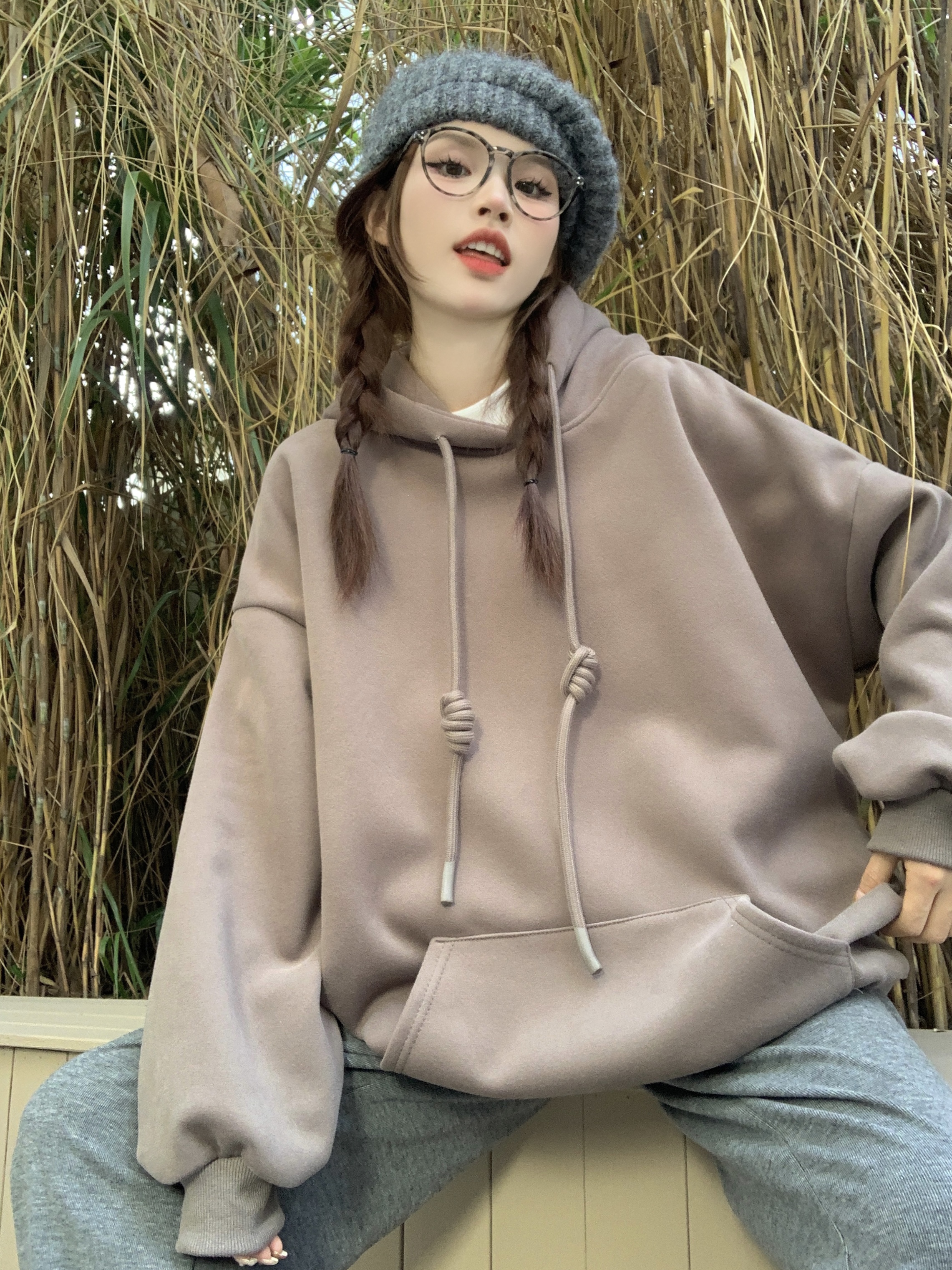 實拍  嬰兒絨衛衣女美式復古連帽加絨加厚寬鬆中長款外套上衣