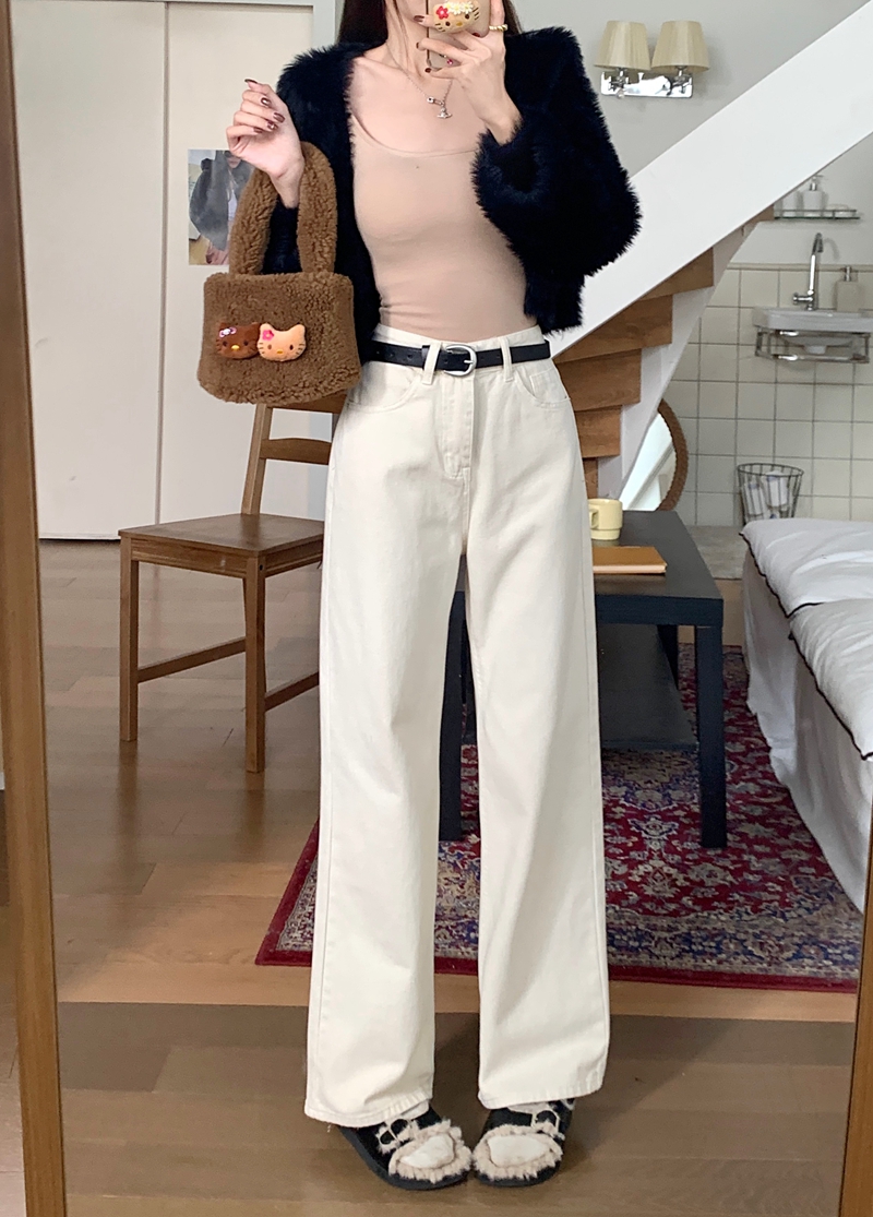 實拍#新款直筒牛仔褲女高腰設計感杏色窄版闊腿褲子