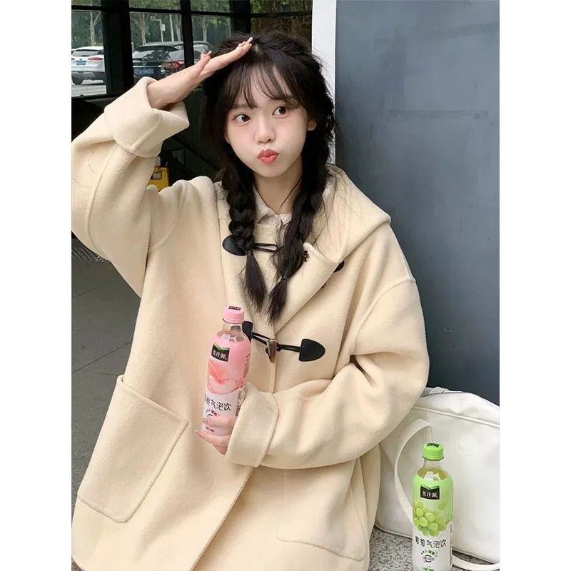 Horn button woolen coat for women 2023 autumn and winter new woolen coat small high-end student fashionable style
